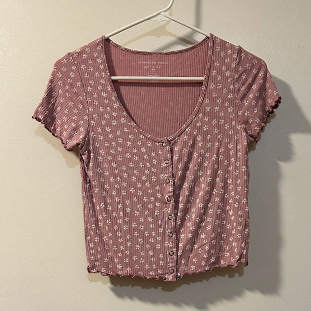 Pink Flowered Rib Knit Crop Top